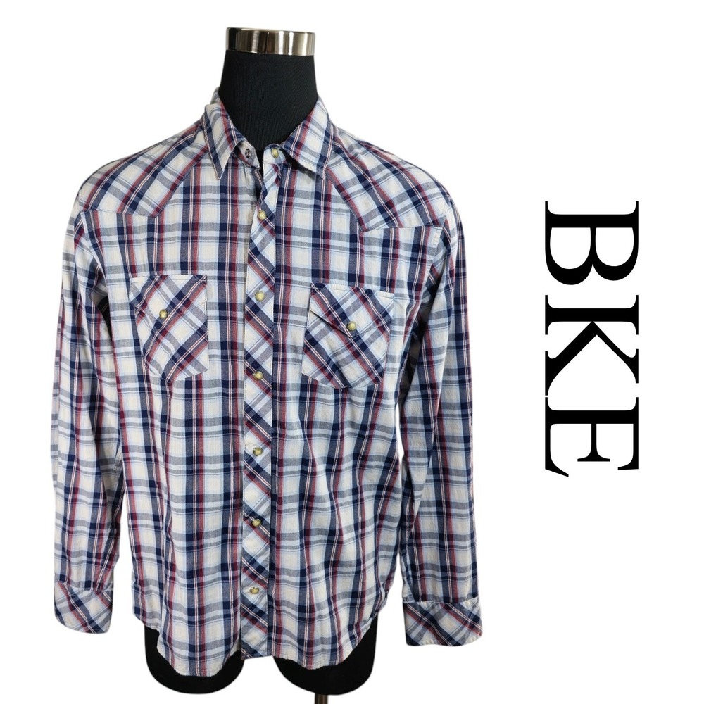 BKE 67 Western Shirt Mens XL Blue Red White Plaid Cotton‎ Pearl Snap Yoke Cowboy